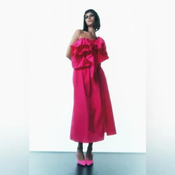 ZARA SET FUCHSIA VOLUMINOUS RUFFLE TOP + SKIRT - Picture 4 of 5